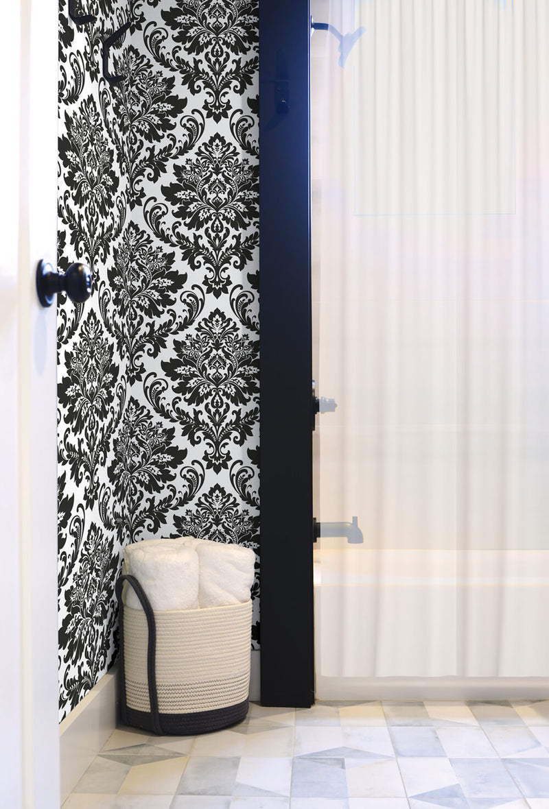 media image for Damask Peel-and-Stick Wallpaper in Black and White by NextWall 215