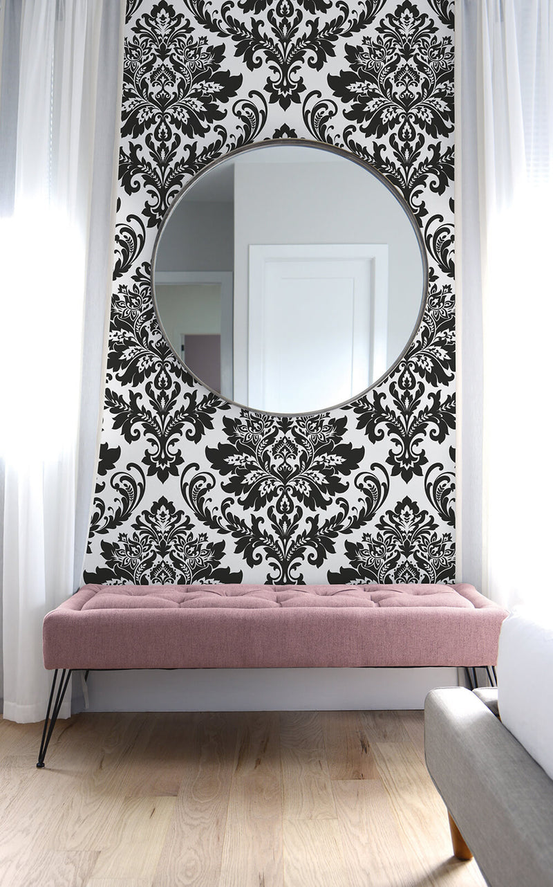 media image for Damask Peel-and-Stick Wallpaper in Black and White by NextWall 273