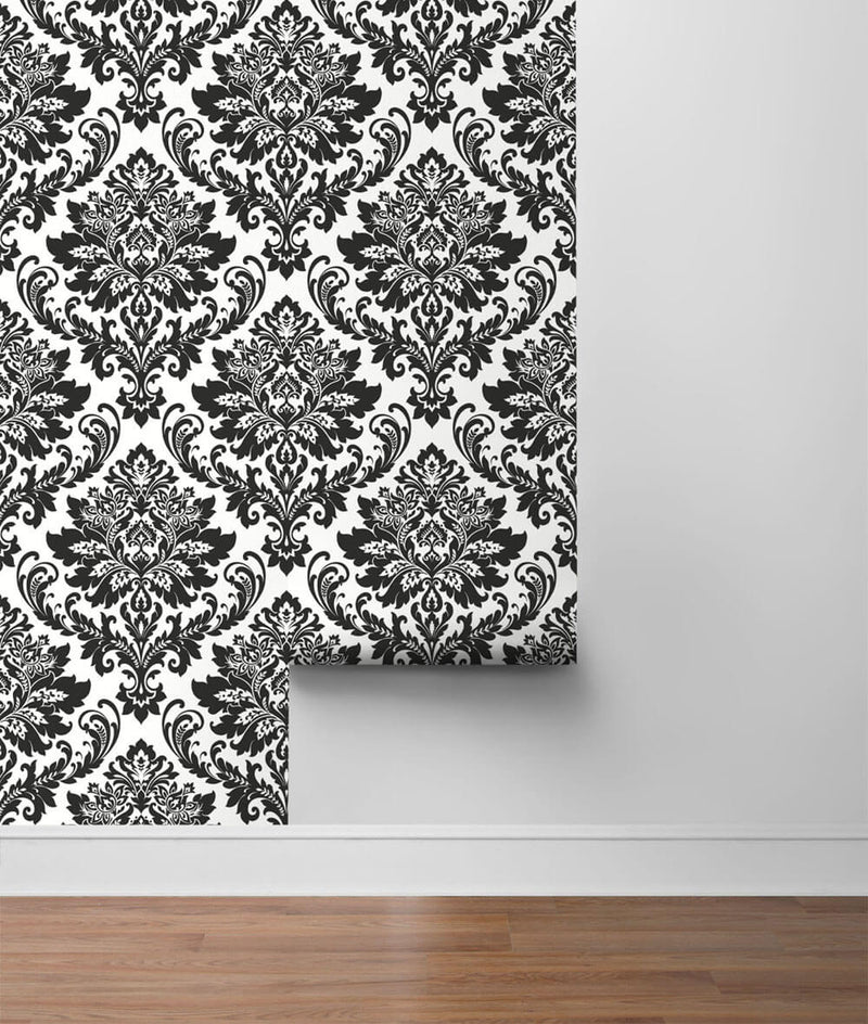media image for Damask Peel-and-Stick Wallpaper in Black and White by NextWall 272