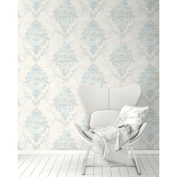 media image for Damask Wallpaper in Blue, Grey, and Off-White from the French Impressionist Collection by Seabrook Wallcoverings 254