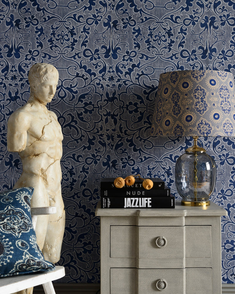 media image for Deco Trellis Wallpaper in Indigo from the Wallpaper Compendium Collection by Mind the Gap 277