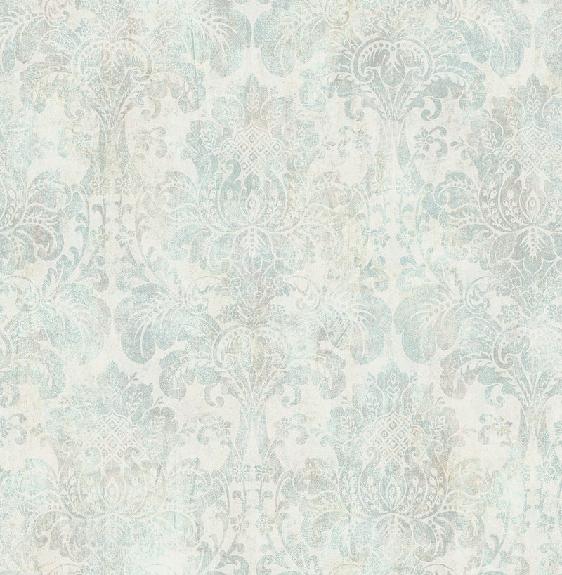 media image for Distressed Damask Wallpaper in Vintage Blue from the Vintage Home 2 Collection by Wallquest 278