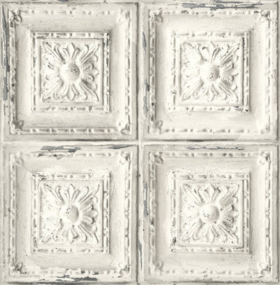 product image of sample distressed tin tile peel and stick wallpaper in linen charcoal by nextwall 1 56