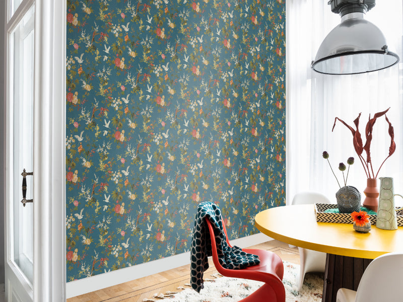 media image for Dreamy Vintage Birds & Floral Wallpaper in Blue by Walls Republic 293
