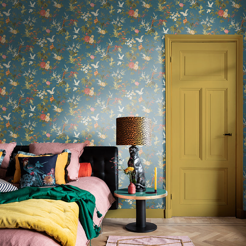media image for Dreamy Vintage Birds & Floral Wallpaper in Blue by Walls Republic 294