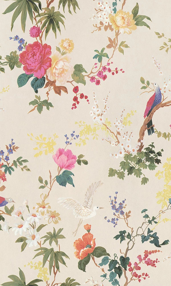 media image for Dreamy Vintage Birds & Floral Wallpaper in Cream by Walls Republic 254