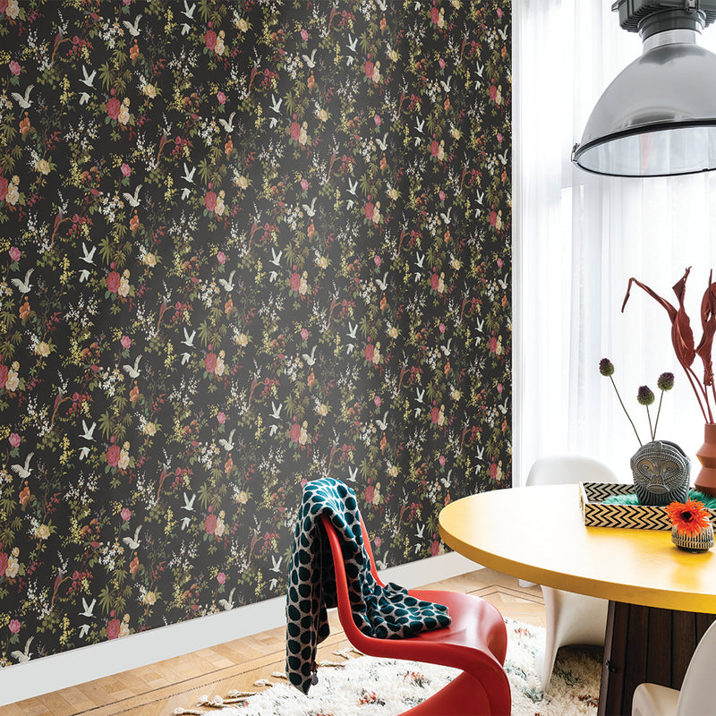 media image for Dreamy Vintage Birds and Floral Wallpaper in Black by Walls Republic 274