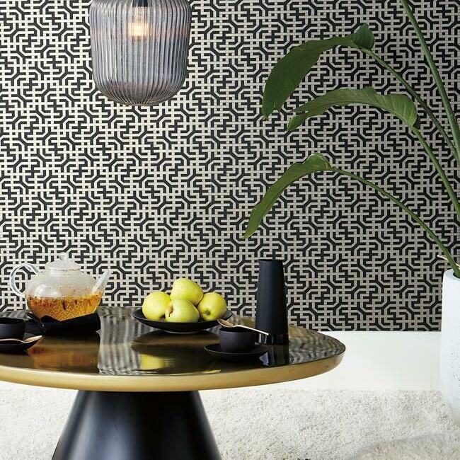 media image for Dynastic Lattice Wallpaper in Black from the Traveler Collection by Ronald Redding 264