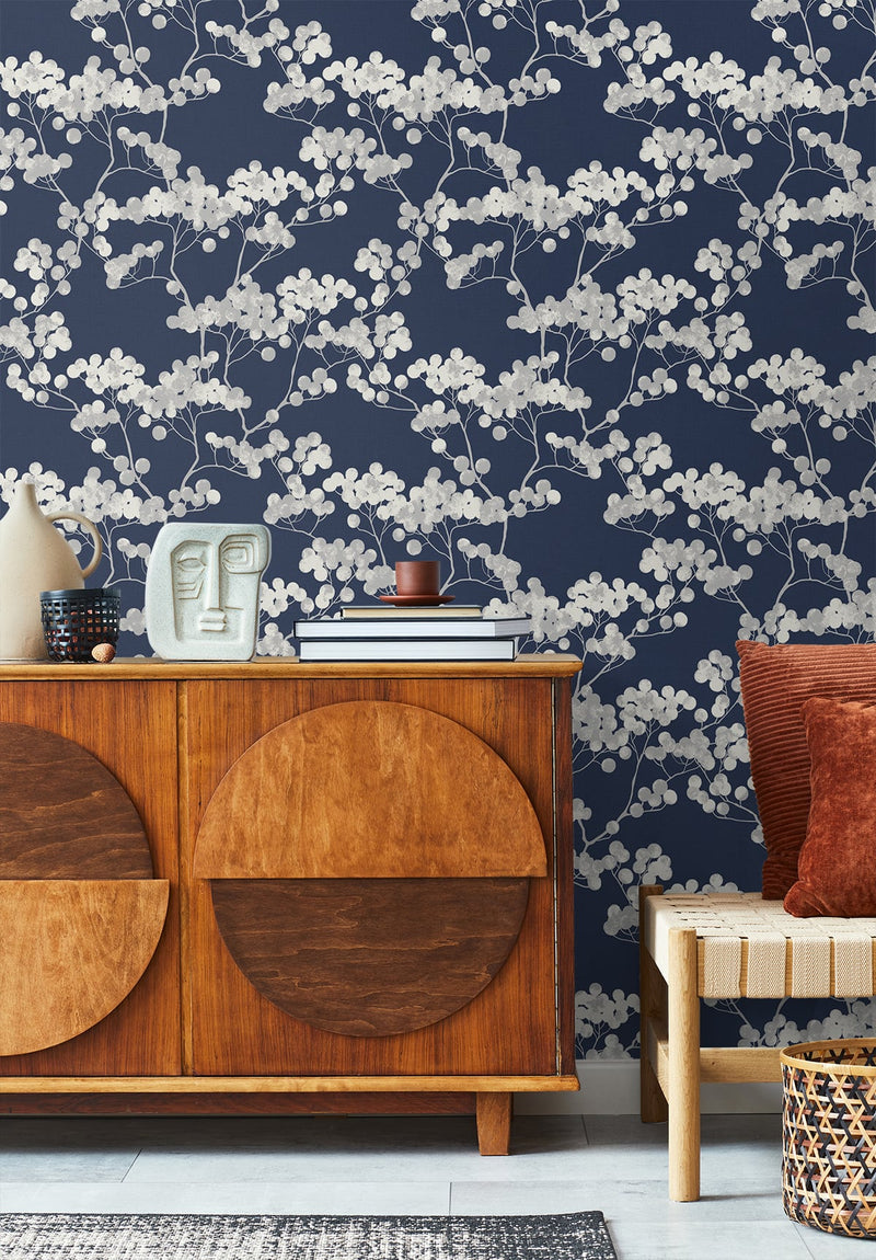 media image for Bayberry Blossom Wallpaper in Navy Blue from Etten Gallerie for Seabrook 215
