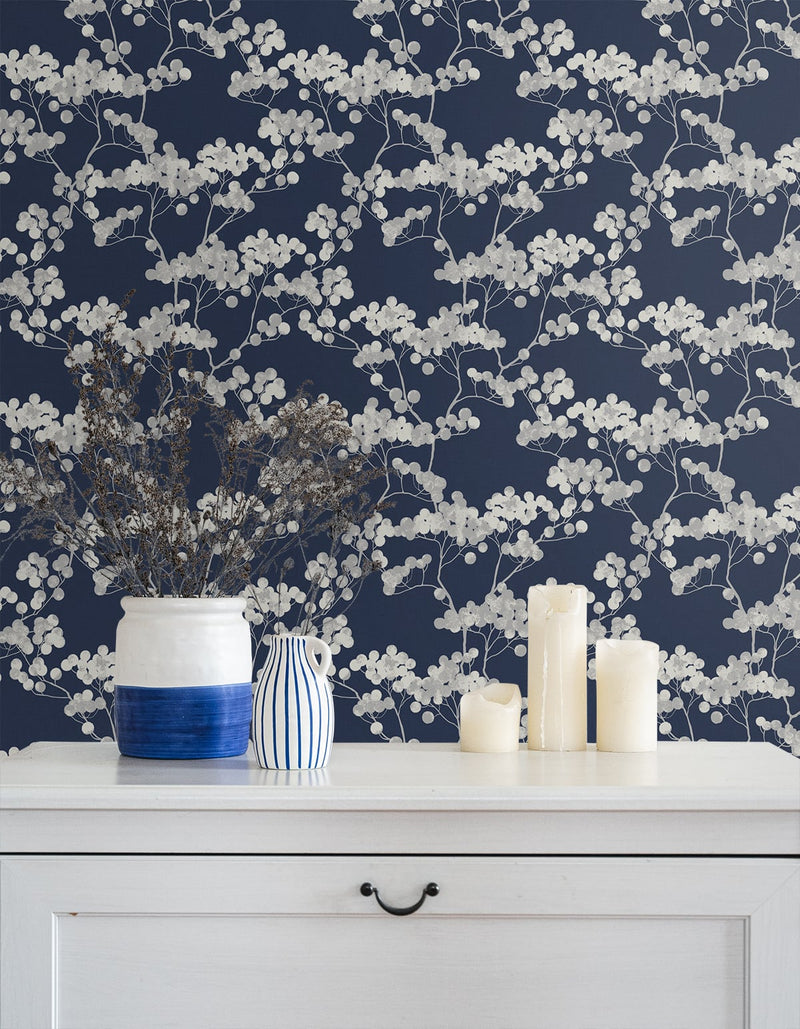 media image for Bayberry Blossom Wallpaper in Navy Blue from Etten Gallerie for Seabrook 24