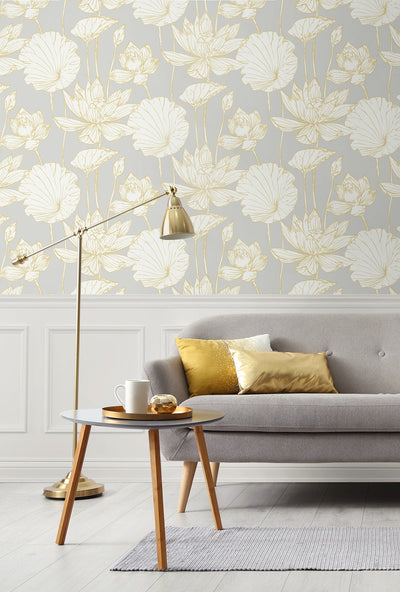 product image for Water Lily Floral Wallpaper in Metallic Gold and Grey from Etten Gallerie for Seabrook 94