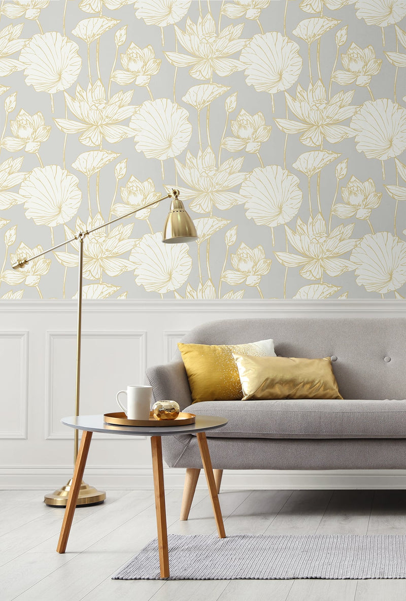 media image for Water Lily Floral Wallpaper in Metallic Gold and Grey from Etten Gallerie for Seabrook 276