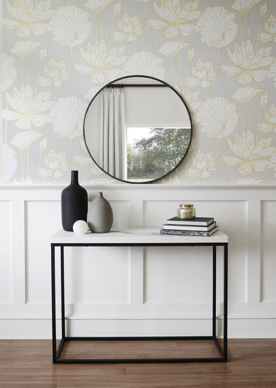 product image for Water Lily Floral Wallpaper in Metallic Gold and Grey from Etten Gallerie for Seabrook 48