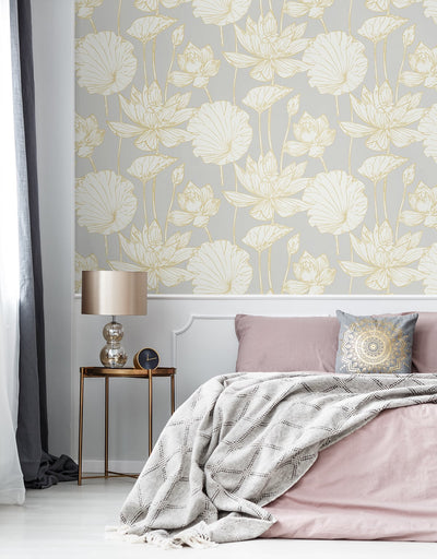 product image for Water Lily Floral Wallpaper in Metallic Gold and Grey from Etten Gallerie for Seabrook 9