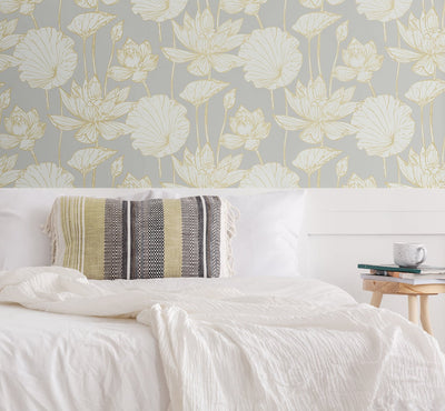 product image for Water Lily Floral Wallpaper in Metallic Gold and Grey from Etten Gallerie for Seabrook 15