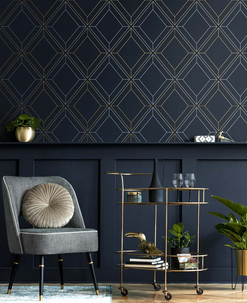 media image for Linework Gem Midnight Blue & Metallic Gold from the Etten Geometric Collection by Seabrook 227