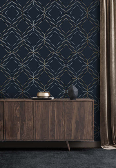 product image for Linework Gem Midnight Blue & Metallic Gold from the Etten Geometric Collection by Seabrook 47