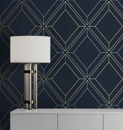 product image for Linework Gem Midnight Blue & Metallic Gold from the Etten Geometric Collection by Seabrook 94