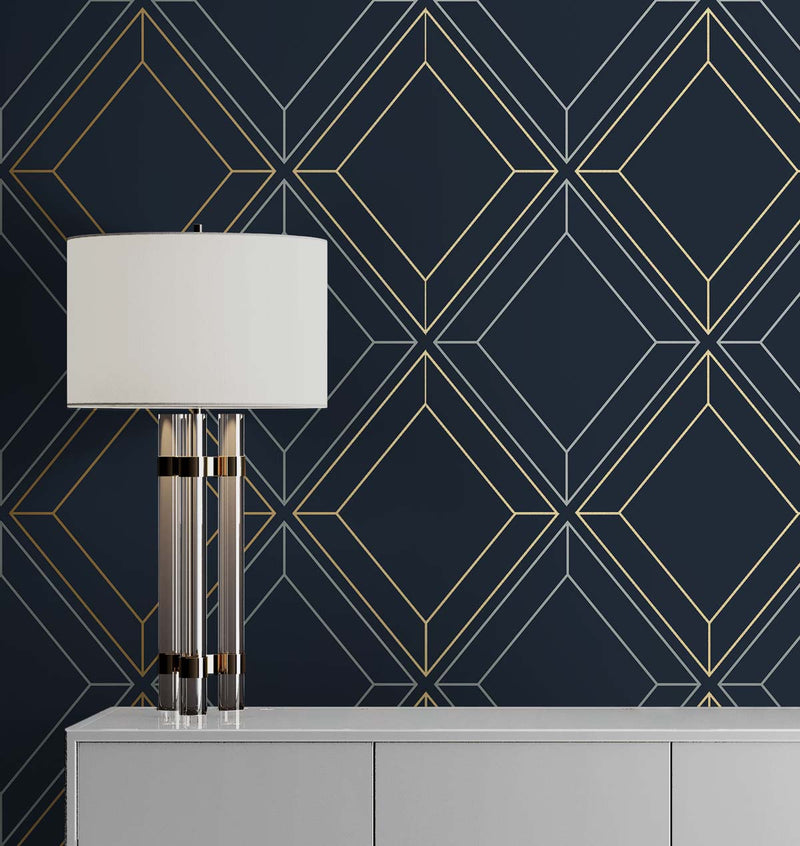 media image for Linework Gem Midnight Blue & Metallic Gold from the Etten Geometric Collection by Seabrook 233