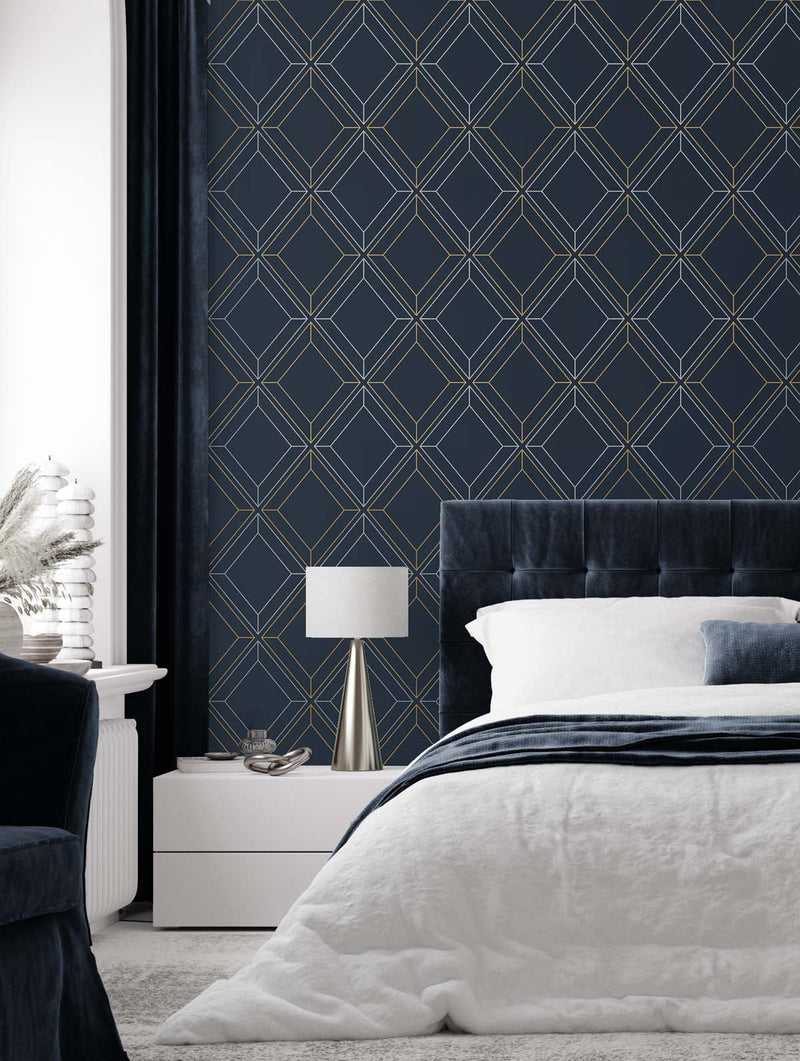 media image for Linework Gem Midnight Blue & Metallic Gold from the Etten Geometric Collection by Seabrook 211