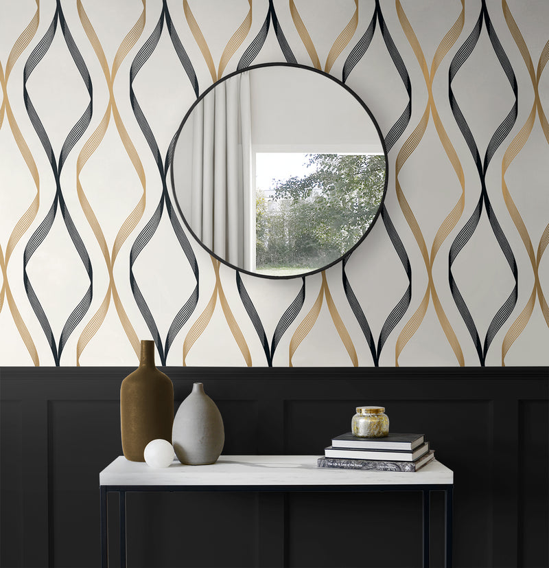 media image for Wave Ogee Metallic Gold & Ebony from the Etten Geometric Collection by Seabrook 233