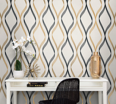 product image for Wave Ogee Metallic Gold & Ebony from the Etten Geometric Collection by Seabrook 45
