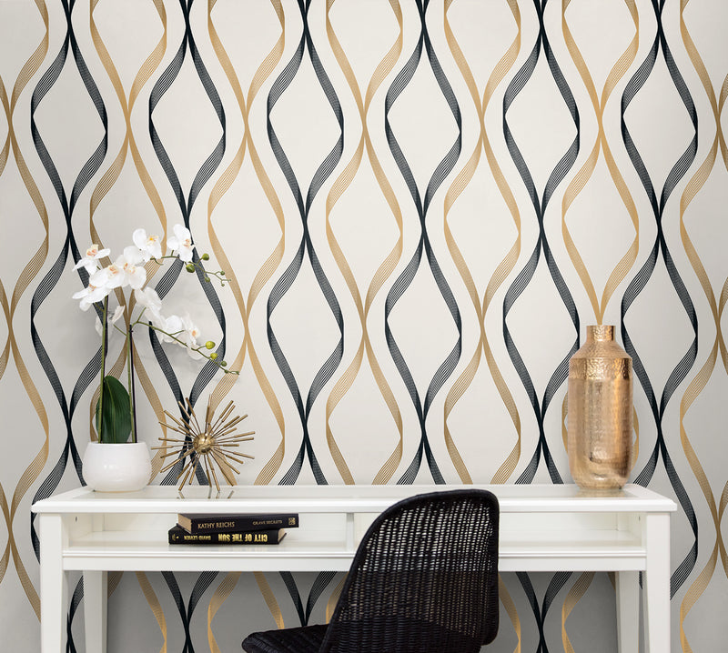 media image for Wave Ogee Metallic Gold & Ebony from the Etten Geometric Collection by Seabrook 260