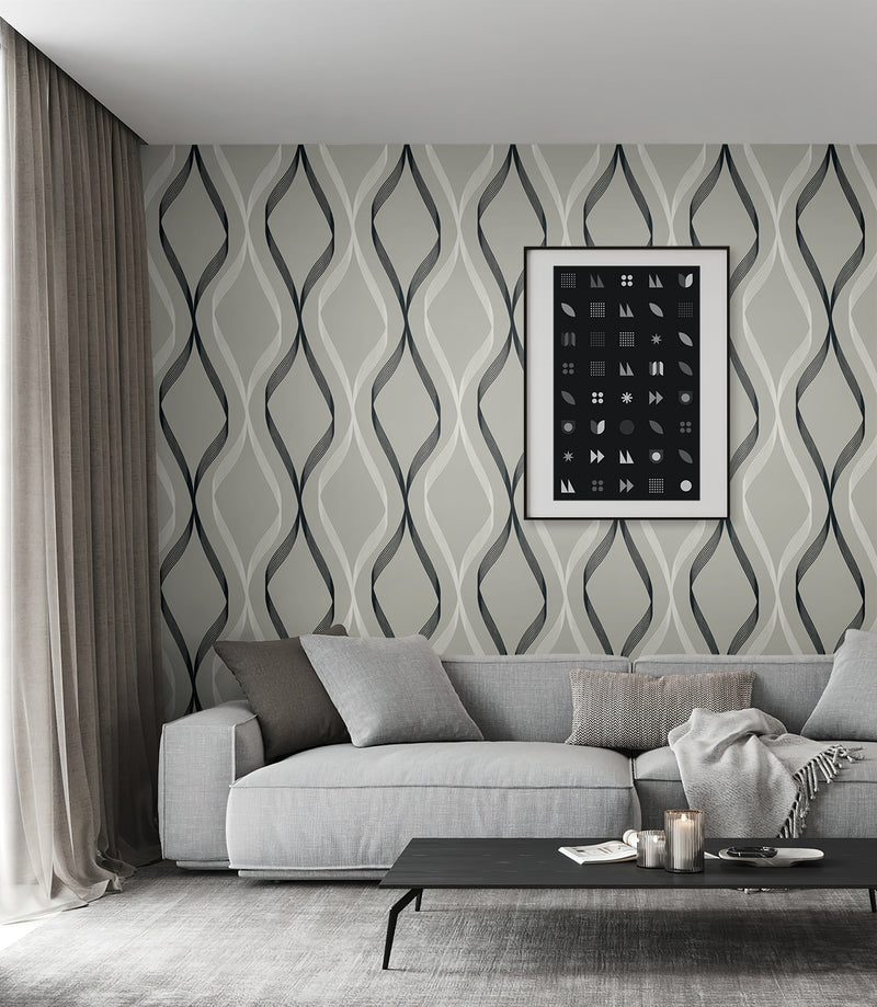 media image for Wave Ogee Fog Grey & Ebony from the Etten Geometric Collection by Seabrook 236