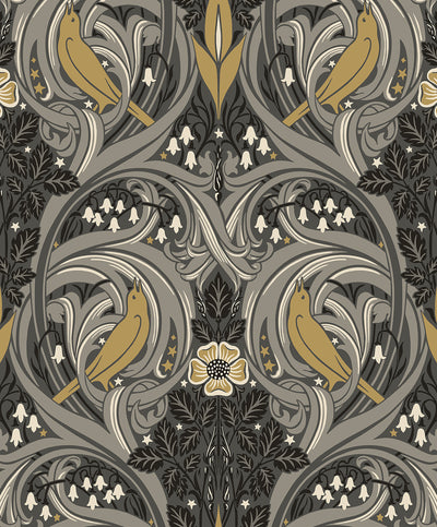 product image of Sample Bird Scroll Wallpaper in Charcoal & Goldenrod 530