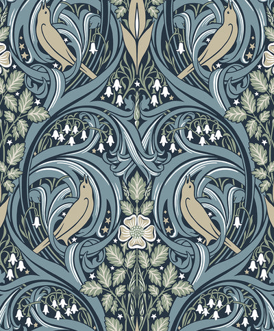 product image of Sample Bird Scroll Wallpaper in Navy & Beige 54