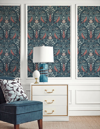 product image for Bird Scroll Wallpaper in Aegean Teal & Coral 71