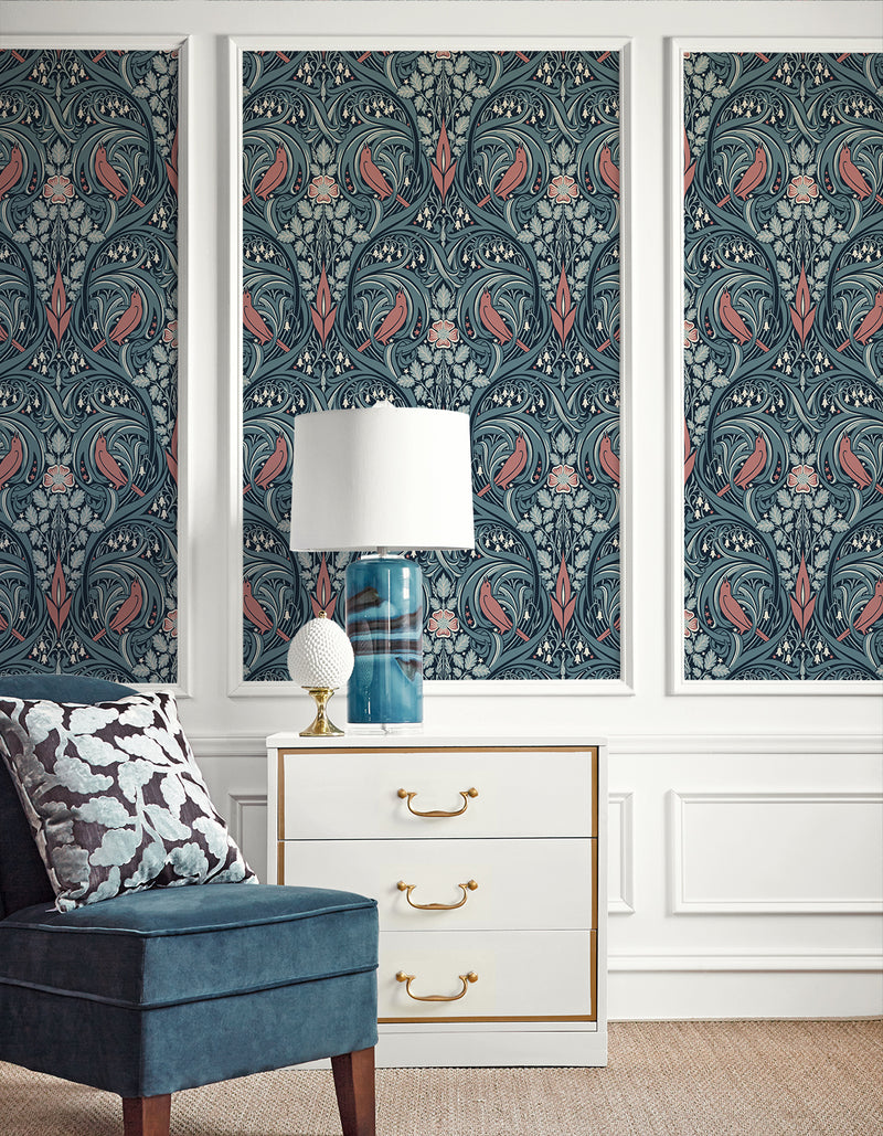 media image for Bird Scroll Wallpaper in Aegean Teal & Coral 230