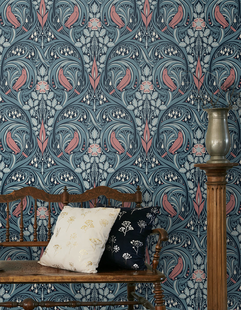 media image for Bird Scroll Wallpaper in Aegean Teal & Coral 251