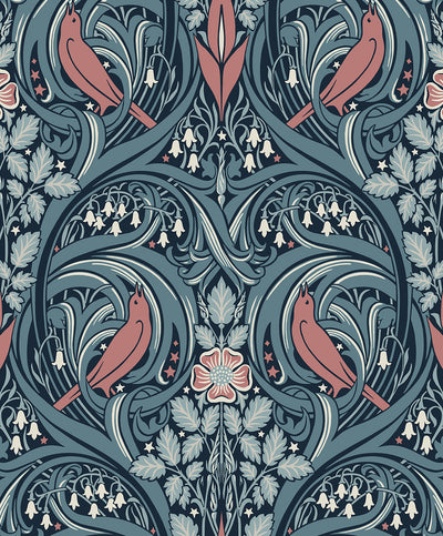 product image for Bird Scroll Wallpaper in Aegean Teal & Coral 54
