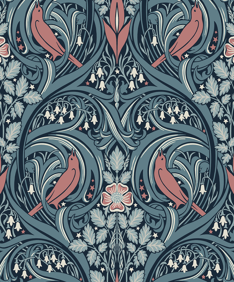 media image for Bird Scroll Wallpaper in Aegean Teal & Coral 244