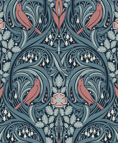 product image of Sample Bird Scroll Wallpaper in Aegean Teal & Coral 582