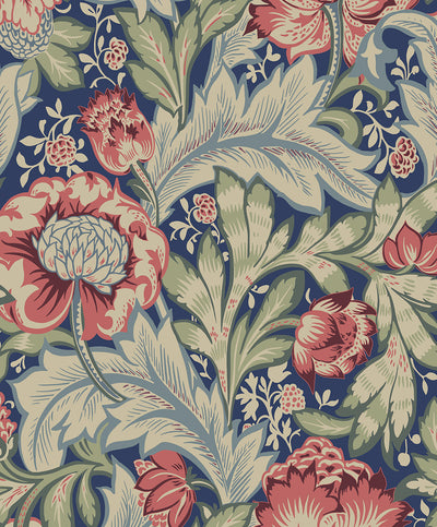 product image of Sample Acanthus Garden Wallpaper in Marine Blue & Watermelon 545