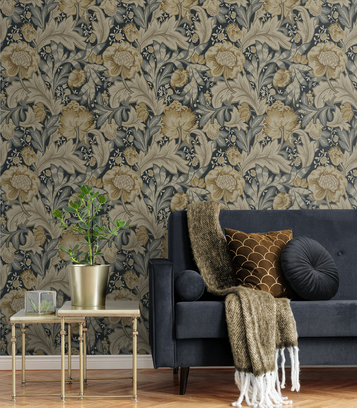Shop Acanthus Garden Wallpaper in Midnight Blue & Beige Burke Decor