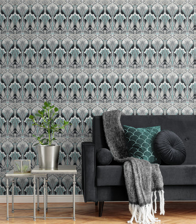 product image for Dragonfly Damask Wallpaper in Ebony & Aqua 57
