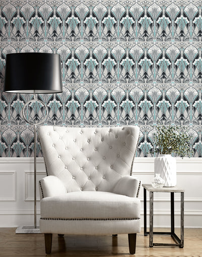 product image for Dragonfly Damask Wallpaper in Ebony & Aqua 51