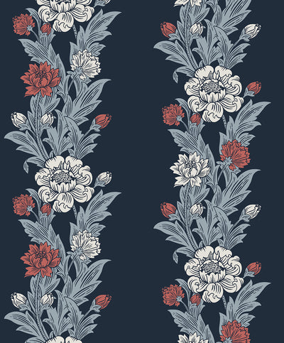 product image of Sample Blooming Stripe Wallpaper in Deep Navy & Berry 580