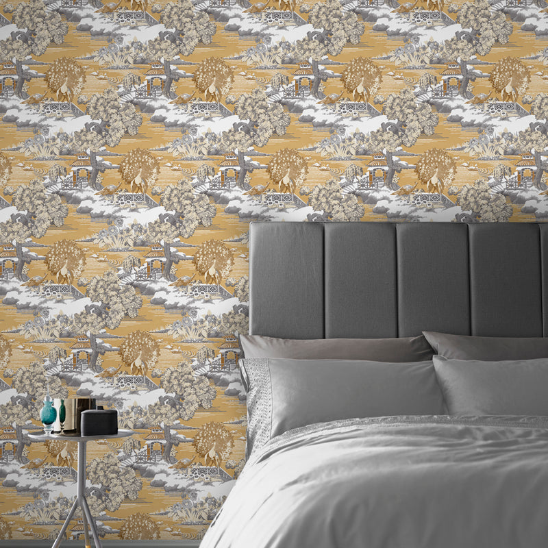 media image for Edo Toile Wallpaper in Mustard from the Exclusives Collection by Graham & Brown 20