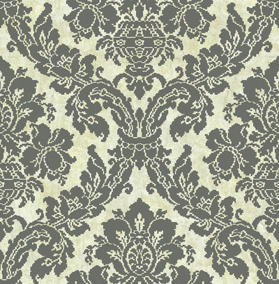 product image of Classic framed damask wallcovering with floral bouquet and textured faux background      -Perfect for a Sophisticated setting found in a Dining Room, Hallway, or Entrance  -Colors: Black, Gold, and Cream   -Iridescent and Raised Ink details adding shine and texture to paper 543