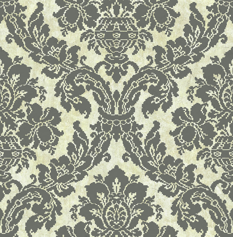 media image for Classic framed damask wallcovering with floral bouquet and textured faux background      -Perfect for a Sophisticated setting found in a Dining Room, Hallway, or Entrance  -Colors: Black, Gold, and Cream   -Iridescent and Raised Ink details adding shine and texture to paper 261