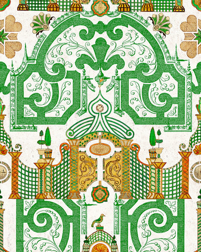 product image of sample emperors labyrinth wallpaper in green and orange from the chinese garden collection by mind the gap 1 589