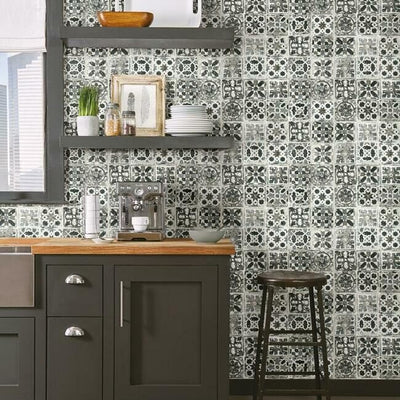 product image for Encaustic Tile Peel & Stick Wallpaper in Black from the Stonecraft Collection by York Wallcoverings 48