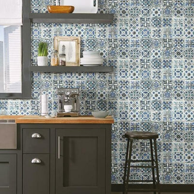 product image for Encaustic Tile Peel & Stick Wallpaper in Grey Black from the Stonecraft Collection by York Wallcoverings 29