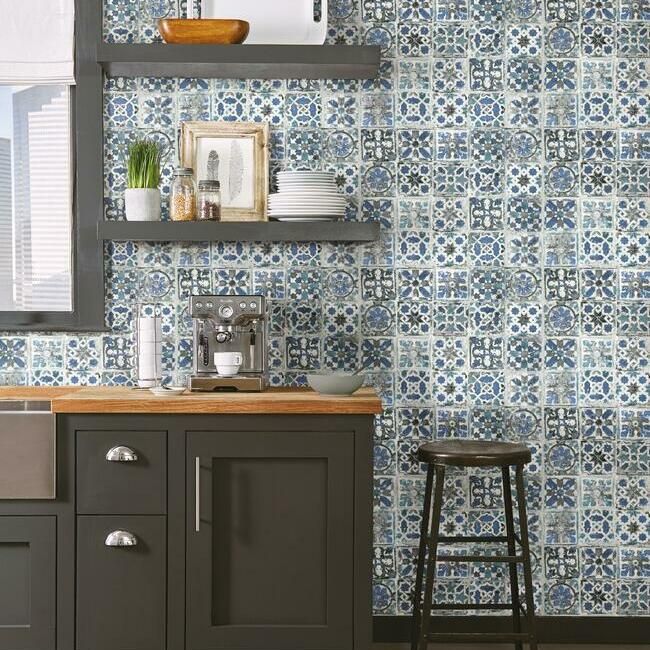 media image for Encaustic Tile Peel & Stick Wallpaper in Grey Black from the Stonecraft Collection by York Wallcoverings 296