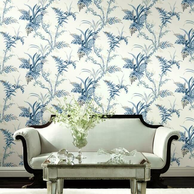 media image for Enchanted Fern Wallpaper in Blue from the Grandmillennial Collection by York Wallcoverings 275