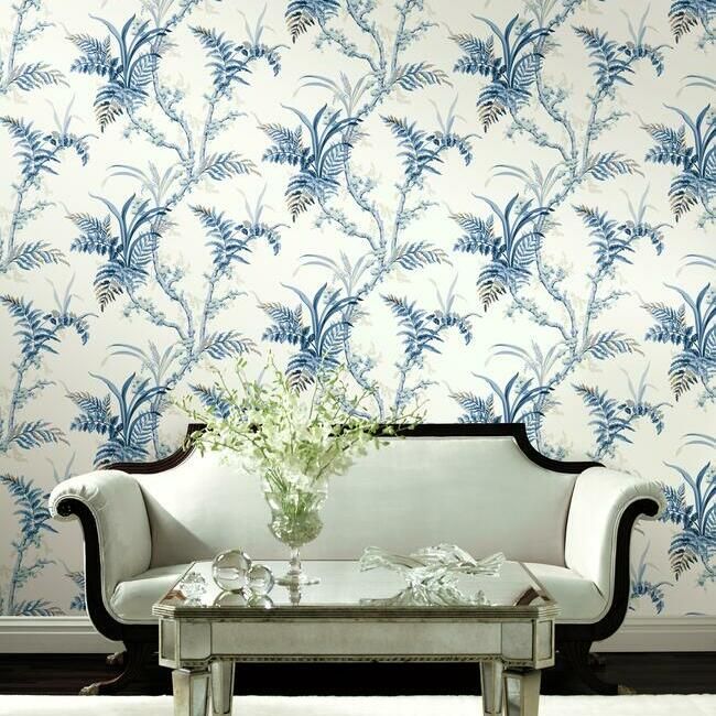 media image for Enchanted Fern Wallpaper in Blue from the Grandmillennial Collection by York Wallcoverings 281